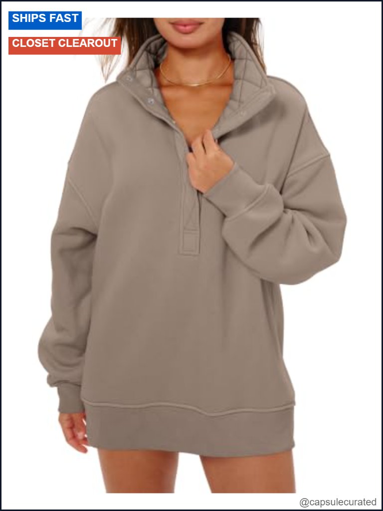 Oversized Henley Sweatshirt Cotton Fleece Pullover